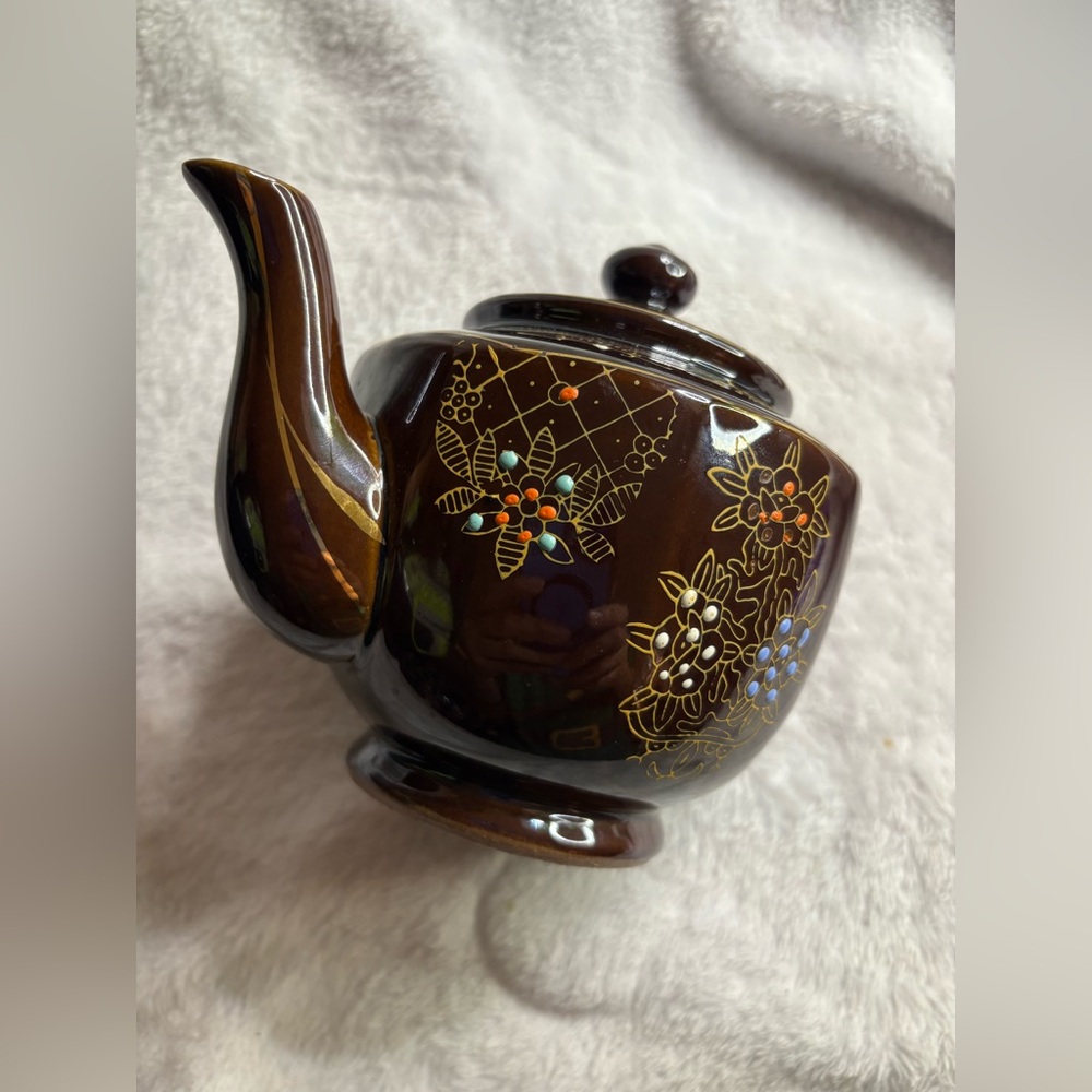 Brown Tea Pot Hand Painted Home Decor Floral Ceramic 6” Royalty 13.7oz Fancy Fun - Picture 7 of 14